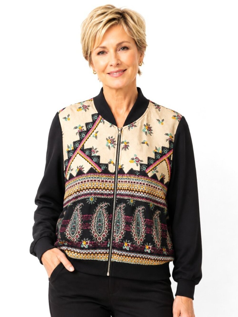 Society Girl Black Print Zip-Front Bomber Jacket